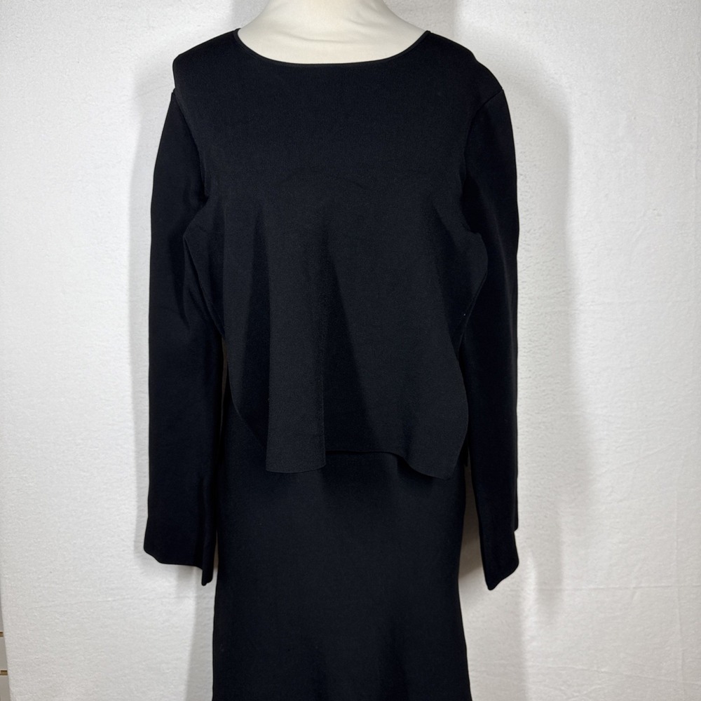 Theory Layered Jersey Knit Midi Dress Black Stretchy Large Zippered Long Sleeves